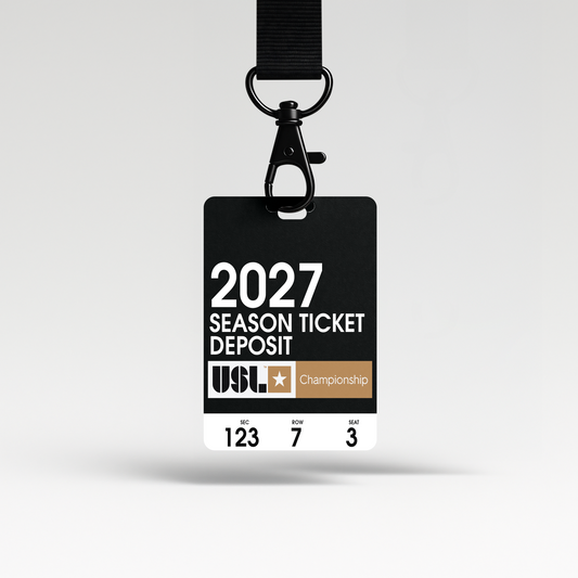 2027 Reno Pro Soccer Season Ticket Deposit tag with a lanyard on a light gray background